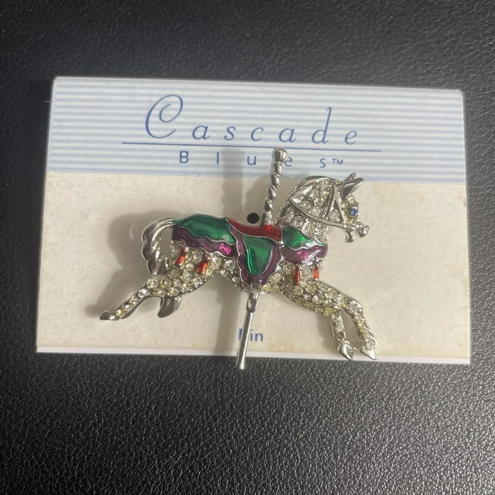 Vintage Carousel‎ Horse Brooch Rhinestone Carnival Festival Enamel Silver Tone